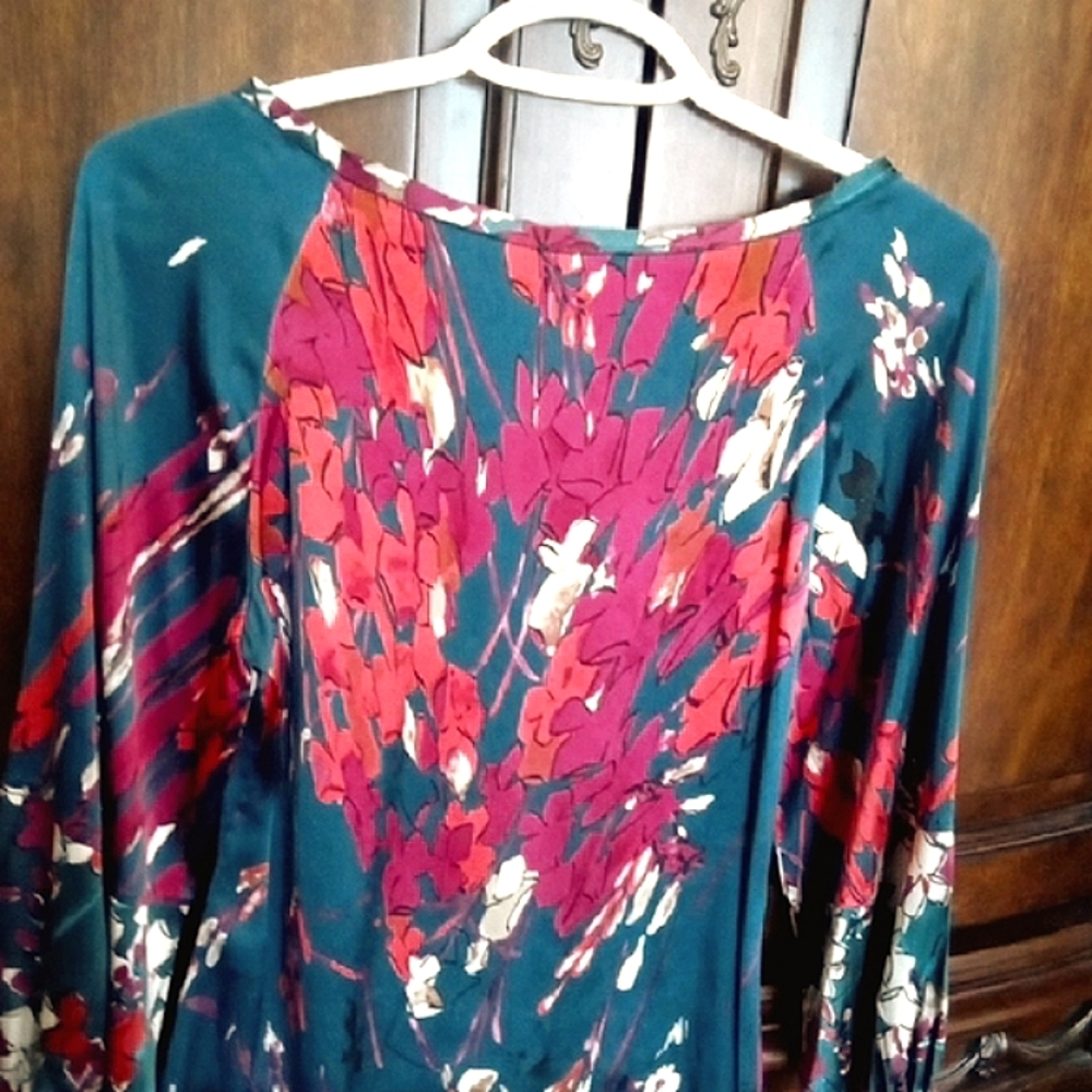 Elie Tahari Women's Teal Silk Graphic Floral Detailed Sleeve Blouse XS